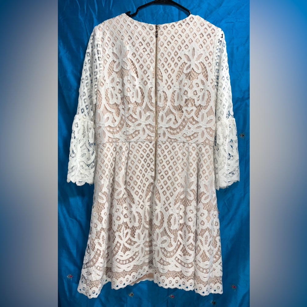 Eliza J Cream lace overlay 3/4 bell sleeve fit & flare mini dress women’s 14 - Picture 11 of 16